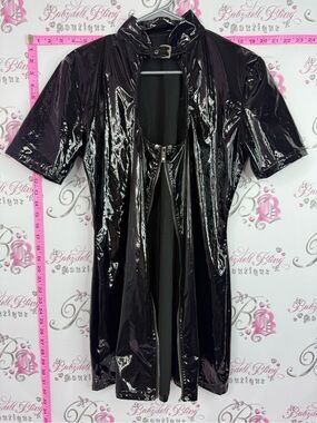Dress faux leather shiny Glossy Black Vinyl Short Sleeve Zip-Up Dress